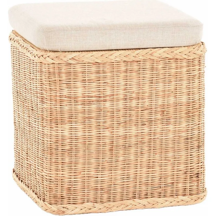 Krines Home Sitztruhe Rattan Wäschekorb Quadratisch Wäschetruhe Sitz gepolstert Flur-Bank, Aufbewahrungsbox mit Deckel Bad-Hocker Sitzhocker Wäschesammler