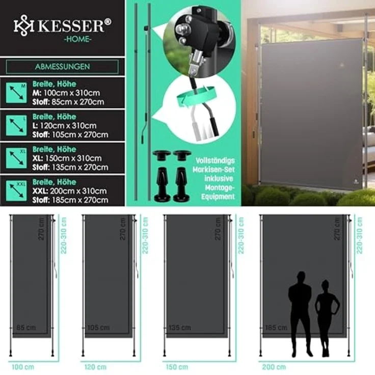 KESSER® Klemmmarkise Senkrechtmarkise 200x310 cm Ausziehbar & Blickdicht Vertikalmarkise mit Handkurbel ohne Bohren Balkon-Sichtschutz & Windschutz für Garten & Terrasse Wasserfest Anthrazit – Bild 7