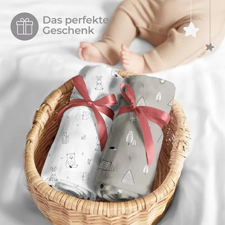 Dreamzie 2er Set Spannbettlaken 40x90 cm Beistellbett - Baumwolle Oeko-Tex - Bettlaken für Stubenwagen & Babybett klein - Woodland Weiß/Grau – Bild 9