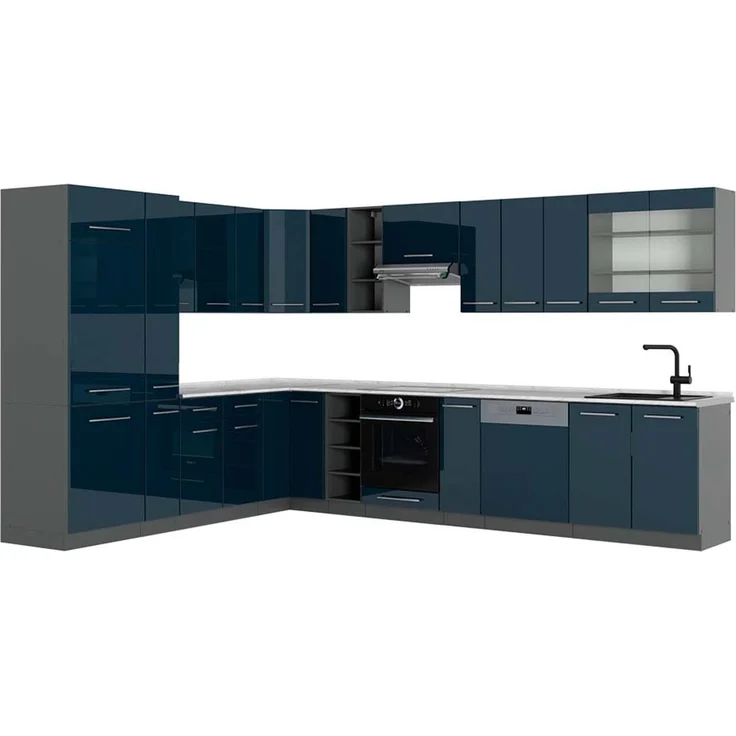 Eckküche Fame-Line Dunkelblau Hochglanz/Anthrazit 347 x 257 cm, AP Marmor Vicco – Bild 1