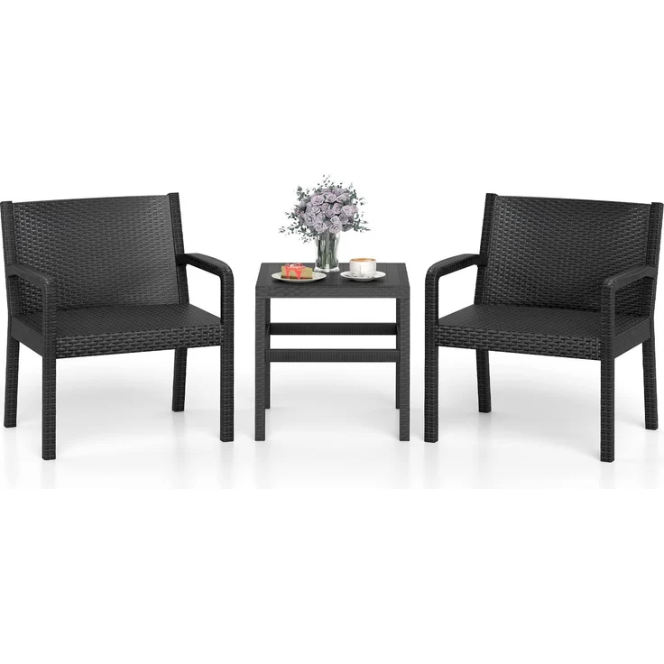 3tlg. Rattan Gartenmöbel Set Wetterfestes Balkonmöbel Balkonset inkl. 2 Stühle mit Tisch Schwarz – Bild 1