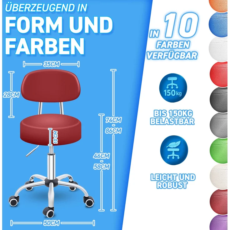 TRESKO Rollhocker mit Lehne, Chrom/Kunstleder weinrot, (60-80) x 47x47 cm – Bild 3