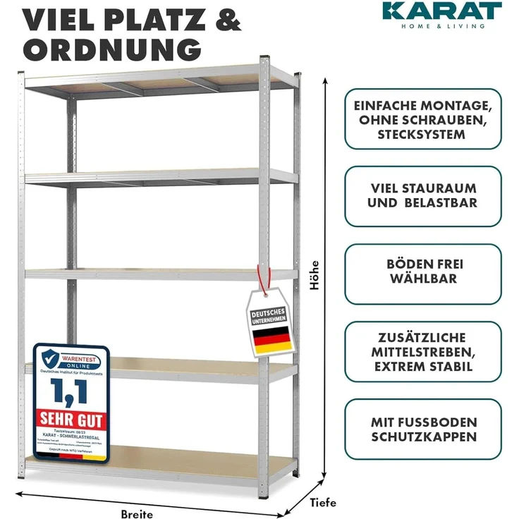 KARAT Schwerlastregal, 2er Set - Steckregal, Kellerregal, Lagerregal - 5 verstellbare Böden (Verzinkt, 50 x 100 x 200 cm) – Bild 2