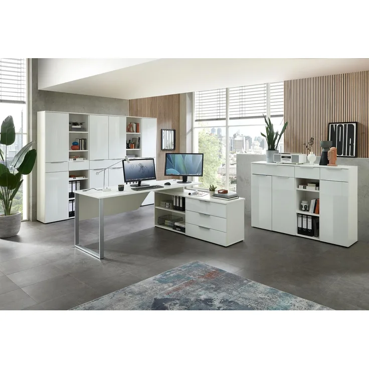 9-tlg. Komplettbüro SANTORIN II Weiß & Glas – inkl. Eckschreibtisch