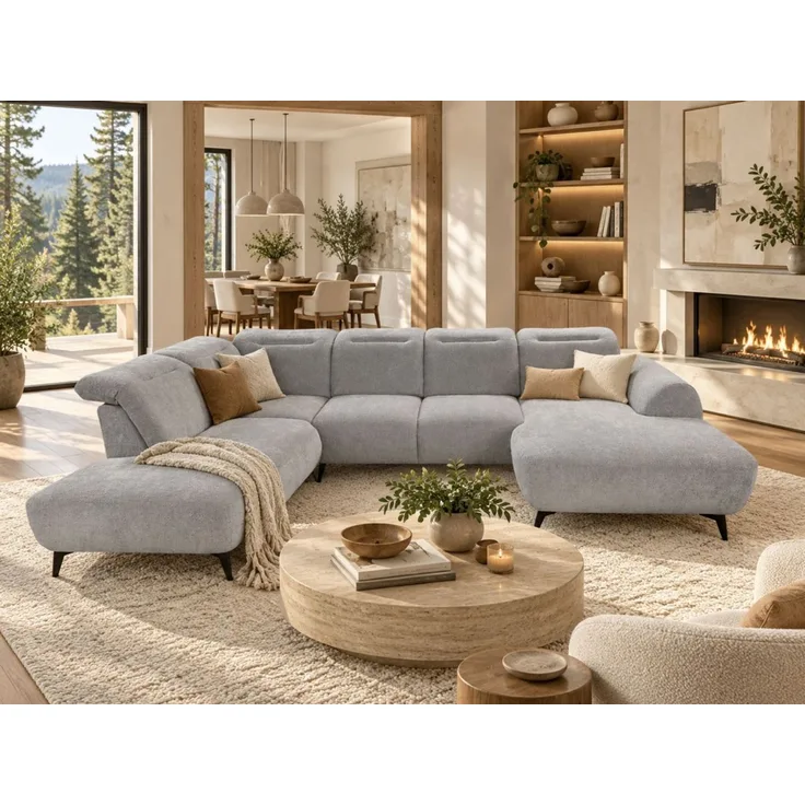 Wohnlandschaft Sofa U-Form ALETTE in Stoff Doha Grau Lange Schenkel Links