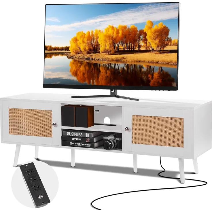 VEVOR Rattan-TV-Ständer für 165 cm Fernseher, Boho-TV-Ständer mit Rattantür, Fernsehschrank mit eingebauter Steckdose und USB-Anschlüssen, Moderne TV-Konsole für Wohnzimmer, Medienraum, weiß