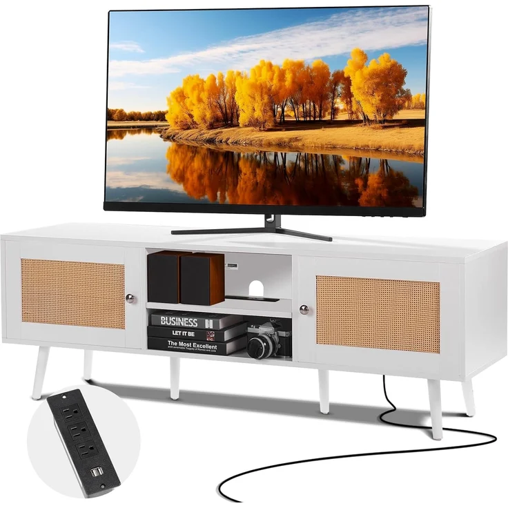 VEVOR Rattan-TV-Ständer für 165 cm Fernseher, Boho-TV-Ständer mit Rattantür, Fernsehschrank mit eingebauter Steckdose und USB-Anschlüssen, Moderne TV-Konsole für Wohnzimmer, Medienraum, weiß