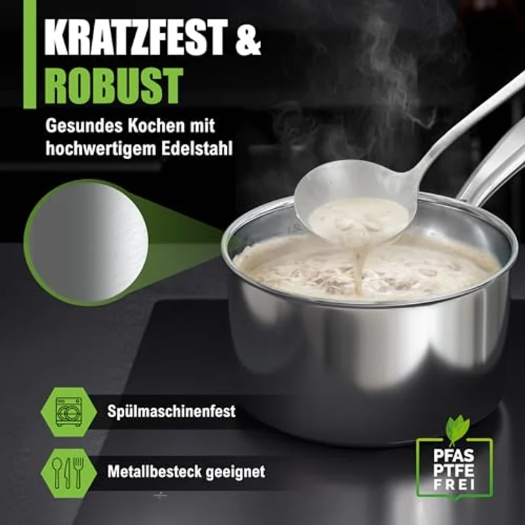 Morleos Kochtopf Ø 20 cm 3 Liter Edelstahl Suppentopf + flachem Glasdeckel, 18/10 Edelstahl (moderner flacher Glasdeckel mit Dampfloch, XSteel), induktionsfähig bis 400 °C – Bild 4