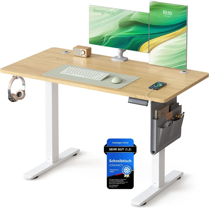 SONGMICS Höhenverstellbarer Schreibtisch elektrisch, 120x60 cm, Memory-Funktion mit 4 Höhen, USB-C-Anschluss, goldeichenfarben LSD132YA01 – Bild 1
