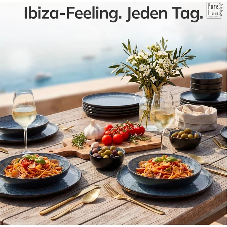 Steingut Teller Groß 6 Personen Ibiza TESTSIEGER, Traumhaftes Mediterranes Steingut Speiseteller Set, Stylisches Essteller Set, Pure Living in Rauchblau – Bild 2