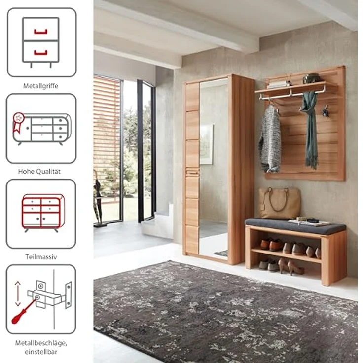 Stella Trading Nature ONE Garderobenschrank mit Spiegel in Kernbuche Teil-massiv FSC-Zertifiziert - Flurgarderoben Schrank mit viel Stauraum - 74 x 201 x 40 cm (B/H/T) – Bild 6