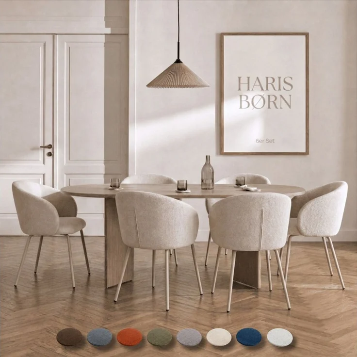 Haris Børn Esszimmerstuhl mit Armlehnen NØR - Hochwertige Polsterstühle für Esszimmer (Set, 6 St), Beige/Beine hellgrau - Premium Esszimmer Stühle & Wohnzimmer Stühle – Bild 1