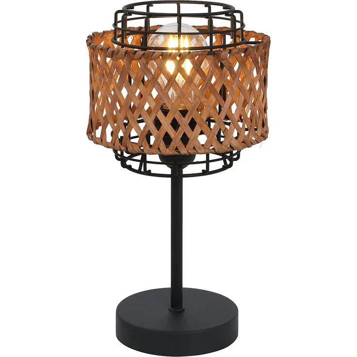 Boho Tischleuchte, Käfig, Bambusgeflecht, schwarz, H 32 cm