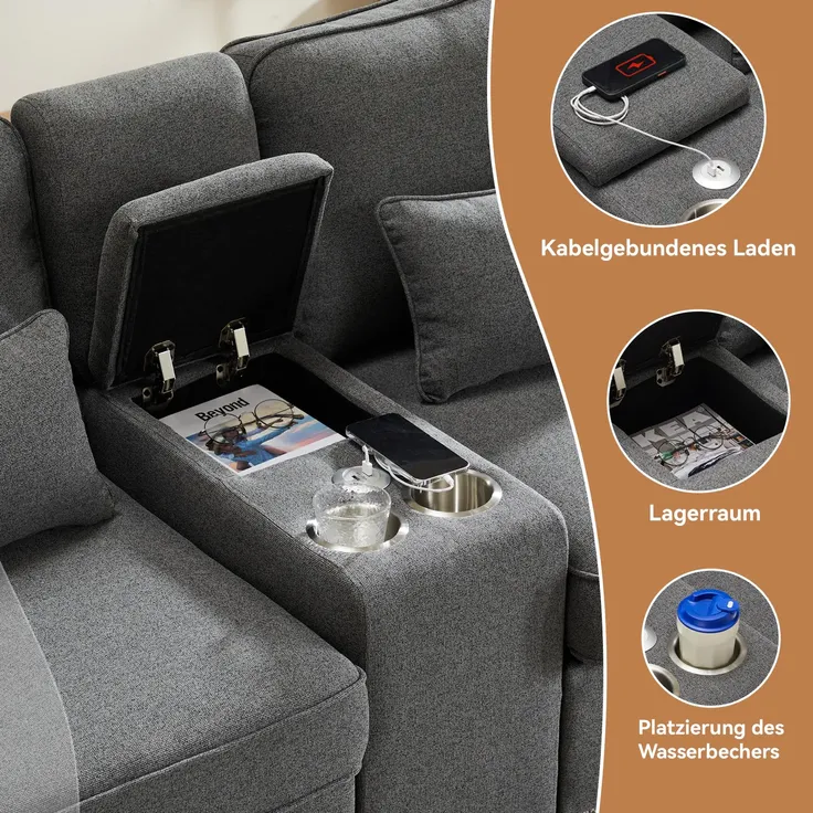 Big-Sofa, 4-Sitzer inkl. loser Zier- und Rückenkissen, Zwischentisch, USB-Anschlüssen, Polstersofa, Wohnzimmersofa, Leinen – Bild 4