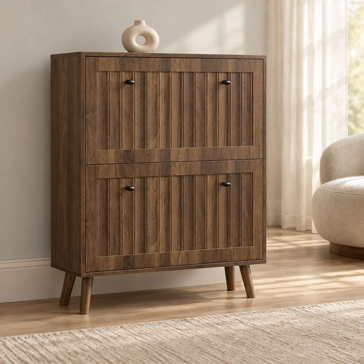 DESVIAE Garderobenschrank Schuhschrank Walnussfarben aus MDF/Spanplatte – 80x95x24 cm – 2 Kippfächer – Bild 3
