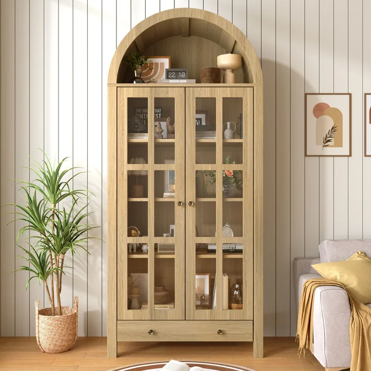 Vitrine 75x35x170,5 cm mit Bogenfach, Acryl-Türen und Schublade, naturfarben – Bild 3