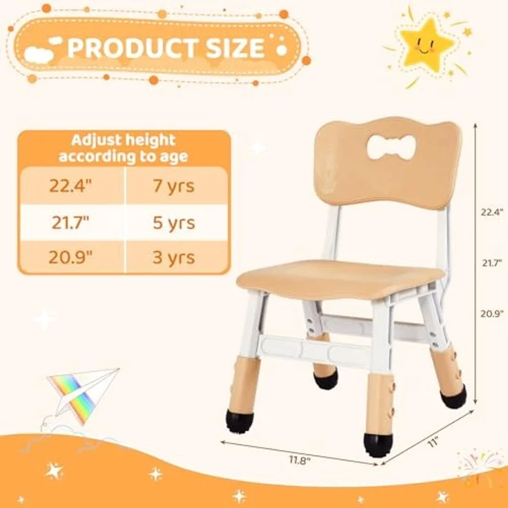 Clevich Kinder Schreibtischstuhl 2PCS, Kinderstuhl Plastik bis 100KG, Kinder Stuhl Höhenverstellbar, mit Rückenlehne, ab 2 Jahr, Schule, Kinderzimmer, Tagespflege, Kindermöbel, Gelb – Bild 4