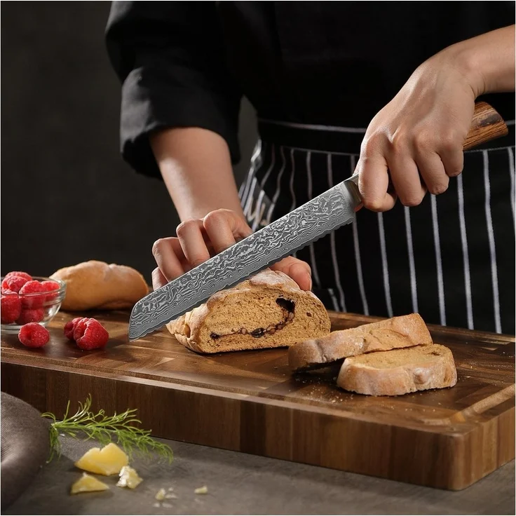 Wakoli Brotmesser EDIB Pro Damast I Küchenmesser Kochmesser I 20cm Wellenschliffklinge, 67 Lagen Damaststahl, VG-10 Stahlkern – Bild 3