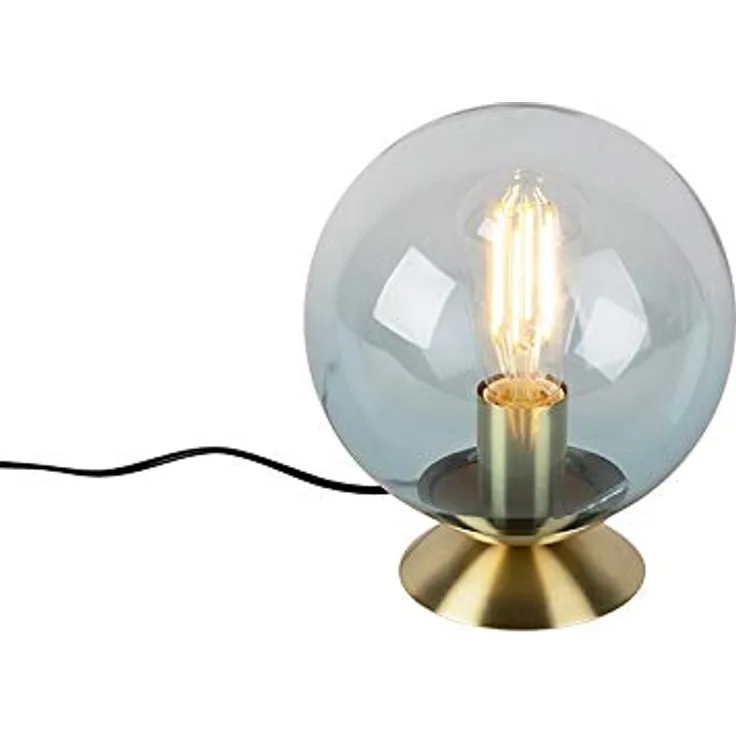 QAZQA Pallon Art Deco Tischlampe Messing mit blauem Glas, Kugel-Design, dimmbar, E27, 23 cm hoch