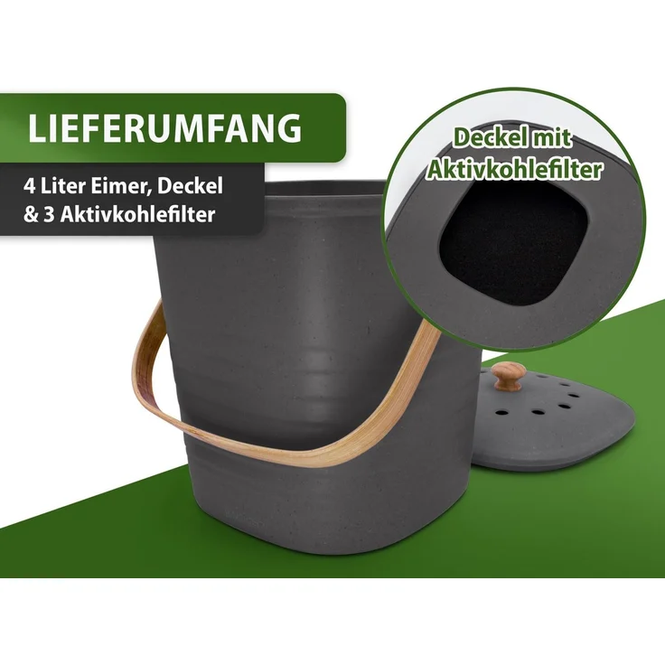 YourCasa Biomülleimer YourCasa® Biomülleimer Küche Klein 4L nachhaltig mit Akivkohlefilter, Fassungsvermögen 4 Liter, Nachhaltige Materialien – Bild 2