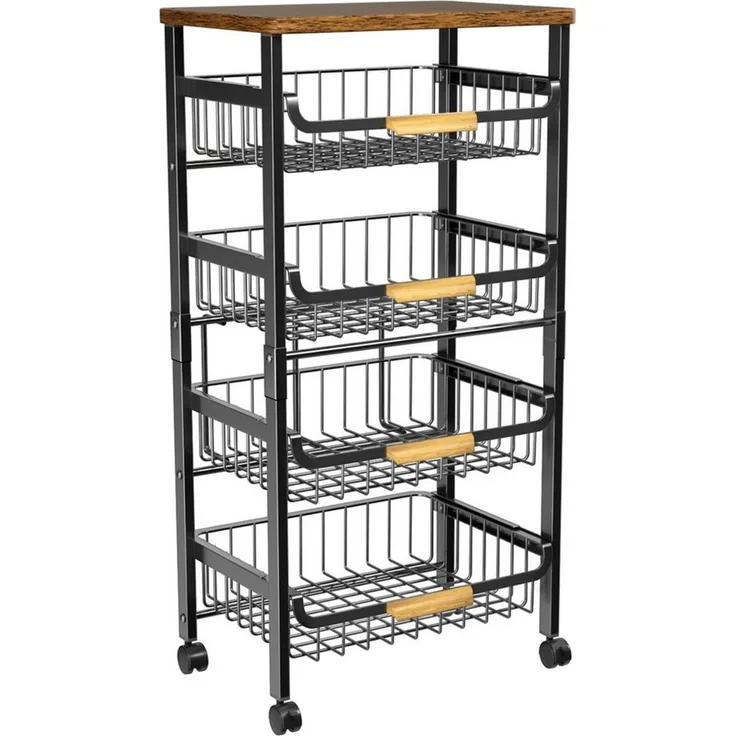 POPOLIC Küchenwagen Fünfstöckiges Metall-Küchenregal mit ausziehbaren Schüben, 86×43×30 cm, 4 ausziehbare Schubladen + oberste Ablage aus Holz
