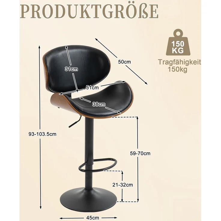 LVHOM Barhocker 2er Set, Höhenverstellbarer Barstuhl mit Bugholz-Rückenlehne und Fußstütze, drehbare Küchenhocker, gepolsterter Tresenhocker aus PU-Leder, Schwarz – Bild 6