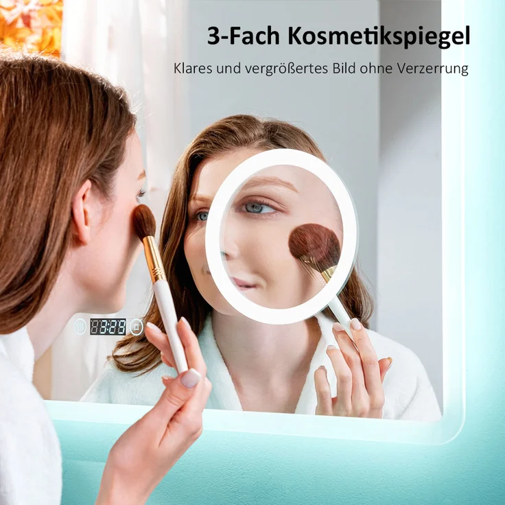 EMKE LED Badspiegel 80x60cm Uhr Beschlagfrei Kaltweißes Licht 3-fache Vergrößerung Touch – Bild 2