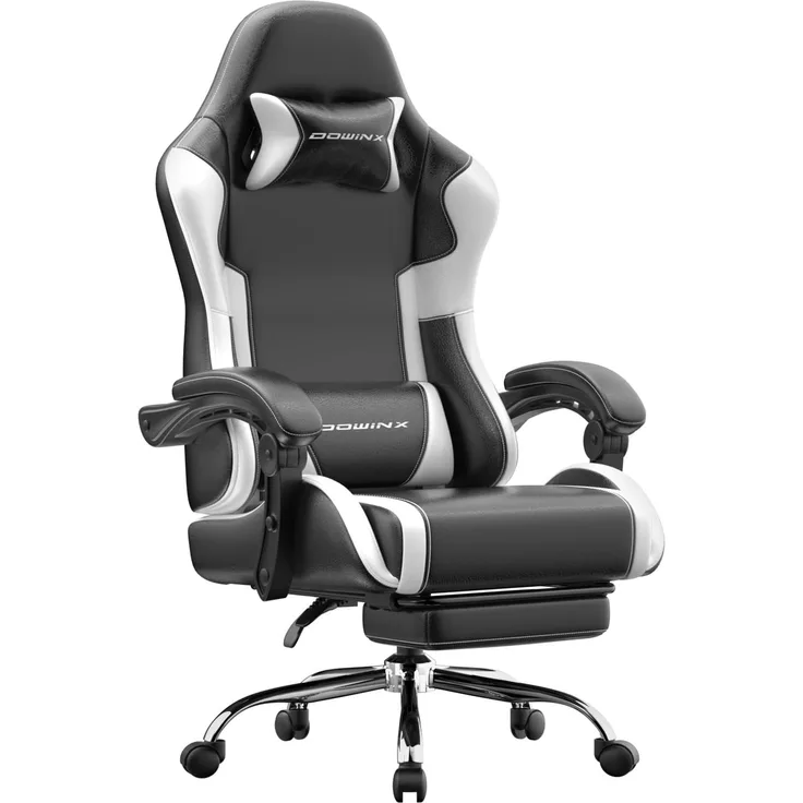 Dowinx Gaming Stuhl Bürostuhl Massage Gaming Sessel mit höhenverstellbaren Linkage-Armlehnen, ergonomischer Gamer Stuhl mit Fußstütze, gepolstert Gaming Chair 150° neigbar bis 180 kg, Weiß