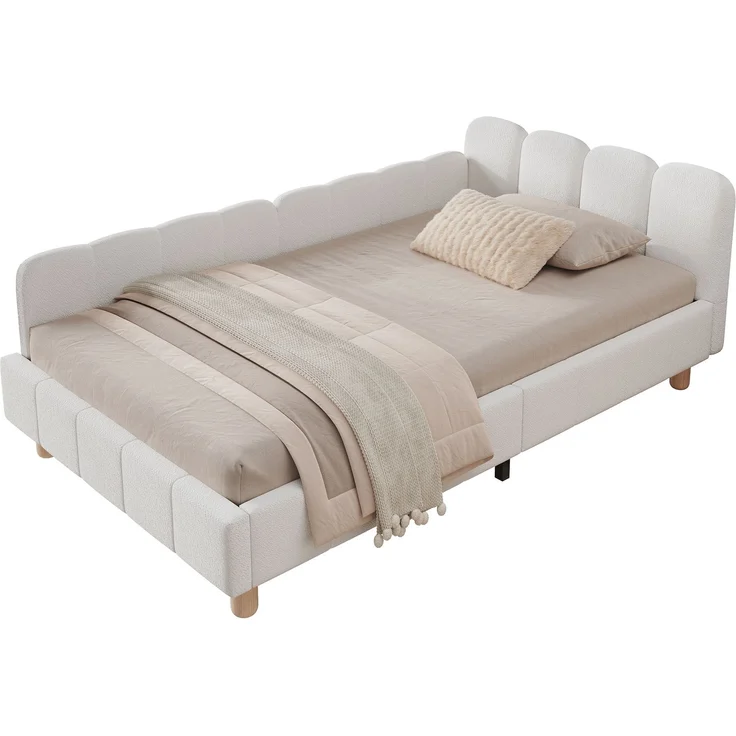 Merax Polsterbett, Einzelbett, Kinderbett 90x200 cm, Bett mit und gepolstertes Kopfteil und Rausfallschutz, Bettbeine aus Massivholz, bouclé, beige – Bild 10