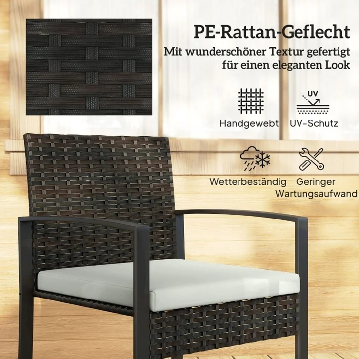 Gartenstuhl-Set mit Beistelltisch, 40x40x40 cm, Creme-Grau, Polyrattan und Stahl, 3-teilig – Bild 5