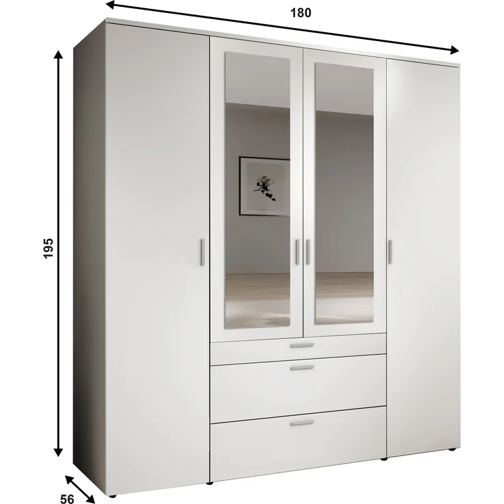 Drehtürenschrank >Vesala< 4 Türen, 3 Schübe, Weiß / Spiegel - 180x195x56cm (BxHxT) – Bild 10