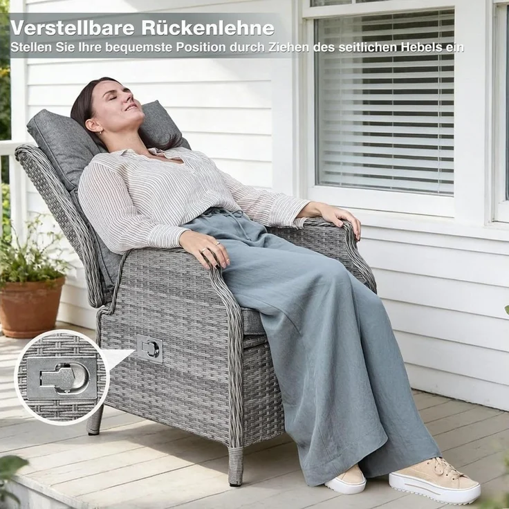HOMECALL Esszimmerstuhl Rattan Gartensessel verstellbar, Rattansessel, Essstuhl Lounge Sessel (verstellbarer Rückenlehne, wetterfest, dick gepolsterte Kissen, 1 St), für Garten, Balkon & Terrasse, COMLAX FIELD – Bild 4