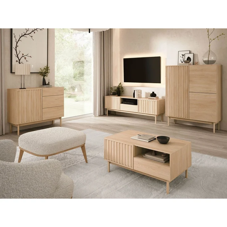 Beautysofa Kommode SAPPORO im Japandi-Stil (Push-to-Open-Funktion, mit 3 Schubladen und 1 Tür), Lamellenfront – Bild 2