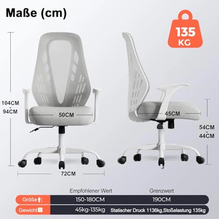 COMHOMA Ergonomischer Bürostuhl Schreibtischstuhl Gamingstuhl, mit Armlehnen, atmungsaktives Mesh, V-förmige Rückenlehne, verstellbar, Wippfunktion, Hochdichter Schaumstoffsitz, leise Rollen, grau – Bild 3