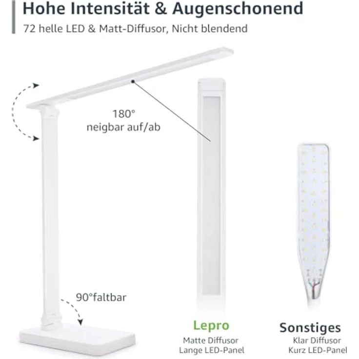 Lepro Schreibtischlampe, LED Tischlampe Dimmbar, Nachttischlampe 800LM 3 Farben und 5 Helligkeitsstufen, Tageslichtlampe Augenschutz, Tischleuchte, Schreibtisch Lampe für Kinder, Büro, Weiß – Bild 7