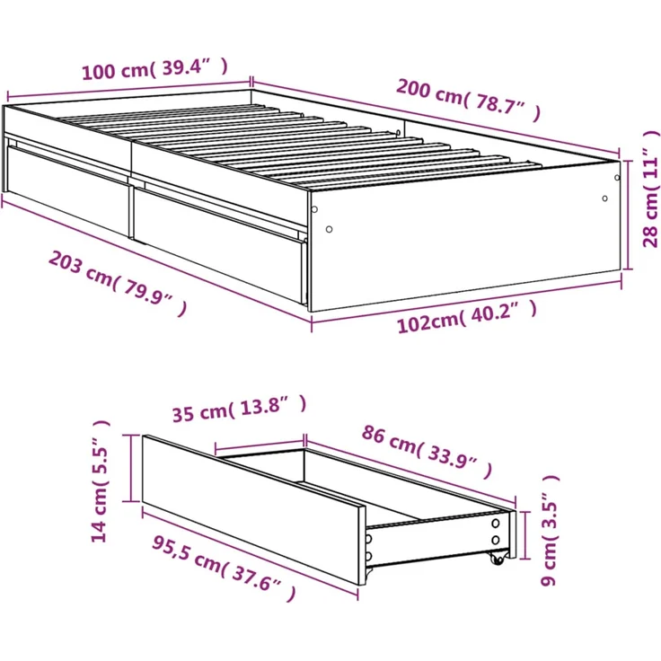 vidaXL Bettgestell mit Schubladen Weiß 100x200 cm Holzwerkstoff 3280671 – Bild 11