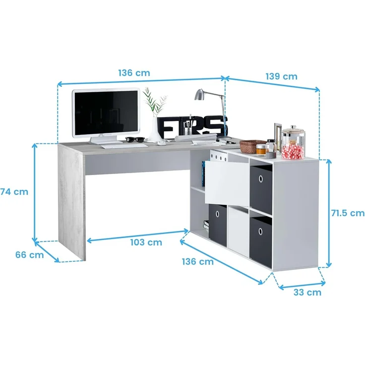 Habitdesign, Schreibtisch – flexibler PC-Tisch in Artik weiß und Zementgrau, rechts, links oder gerade aufstellbar, Maße: 136–203x66–139x74 cm (B x H x T), ideal für Homeoffice, Modell Adapta Plus – Bild 10