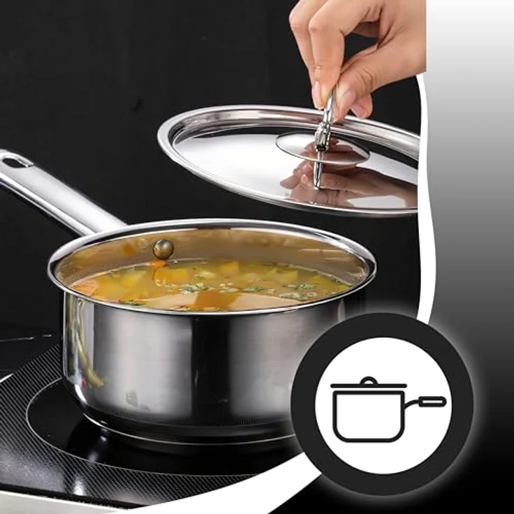 Retoo Topf-Set OR205, 15-teiliges Kochgeschirr-Set aus Edelstahl mit 4 Töpfen, 1 Pfanne, 6 Glasdeckeln und Küchenhelfern, Silber, für alle Herdarten – Bild 7