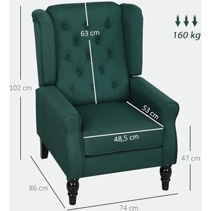 HOMCOM Sessel mit Armlehnen, Kissen, Tufting, hoher Rückenlehne (Ohrensessel, 1-St, Loungesessel), für Wohnzimmer, Schlafzimmer, Dunkelgrün – Bild 3