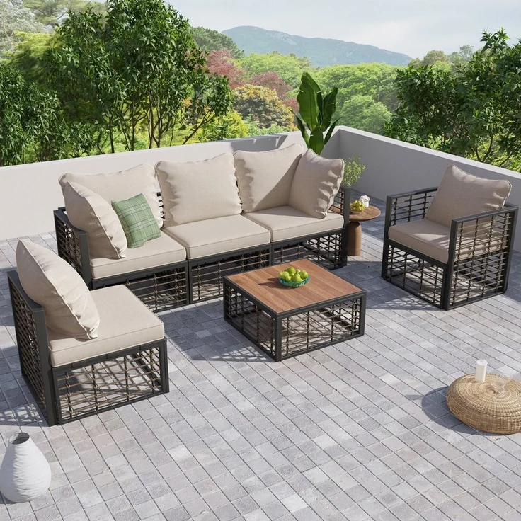 Merax Gartenlounge-Set für 5 Personen mit Kissen und Stahlrahmen, (6-tlg, 1 3-Sitzer, 2 Sessel, 1 Couchtisch), Gartenmöbel Set Rope Loungeset, Balkonset Seil, Sitzgruppe Polyrattan – Bild 5