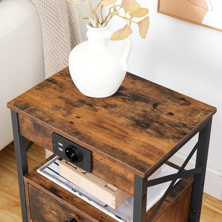HOOBRO Nachttisch mit Ladestation 2 Klappschubladen USB Steckdose – Bild 8
