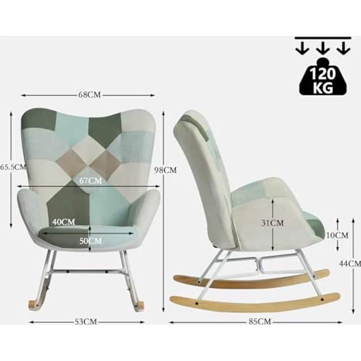MEUBLE COSY Schaukelstuhl Sessel Schaukelsessel Stillstuhl Schwingstuhl mit Armlehnen Gepolsterter Sitzfläche für Wohnzimmer Schlafzimmer, Balkon, Stoff und Holzkufen, Bis 120 kg Belastbar, Patchwork – Bild 4