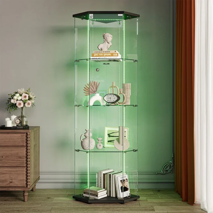 FUROKOY Glasvitrine Fünfeckige Standvitrinen (Schwarz 5 Lagen Sammlervitrine) Vitrinenschrank mit 1 Glastür für Sammler, Bücher, 162x60x42.5cm – Bild 2