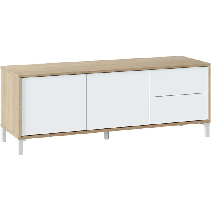 Wohnzimmer-TV-Ständer bestehend aus einem Modul mit zwei Türen und zwei Schubladen, Eiche und weiße Farbe, 130 x 47 x 41 cm