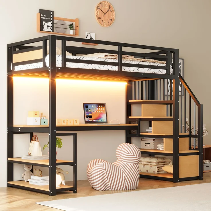 EINHOM 90 x 200 Cmmetall-Hochbett, mit LED-Lichtleiste und Ladeanschluss, mit Aufbewahrungsleiter, Regalen und Tisch, Sicherheitszaun-Design, Hohes Eisenrahmenbett mit Metallrahmen für Stabile Unterstützung, Schwarz (Ohne Matratze) – Bild 5