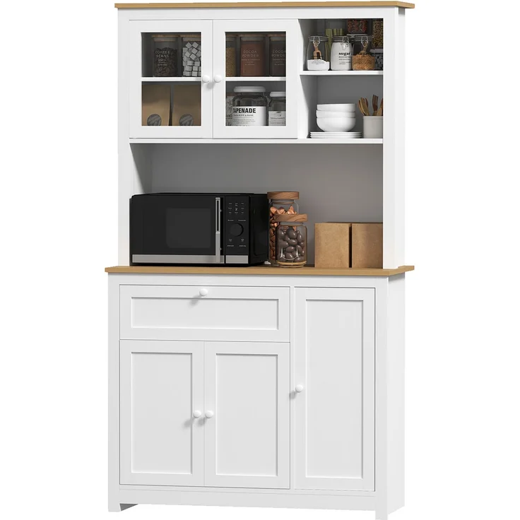 MELAYR, Küchenschrank im Landhausstil, 1 Vitrine, 1 offenes Regal, 1 Schublade, 2 Schränke, 100 x 40 x 180 cm, Weiß – Bild 2