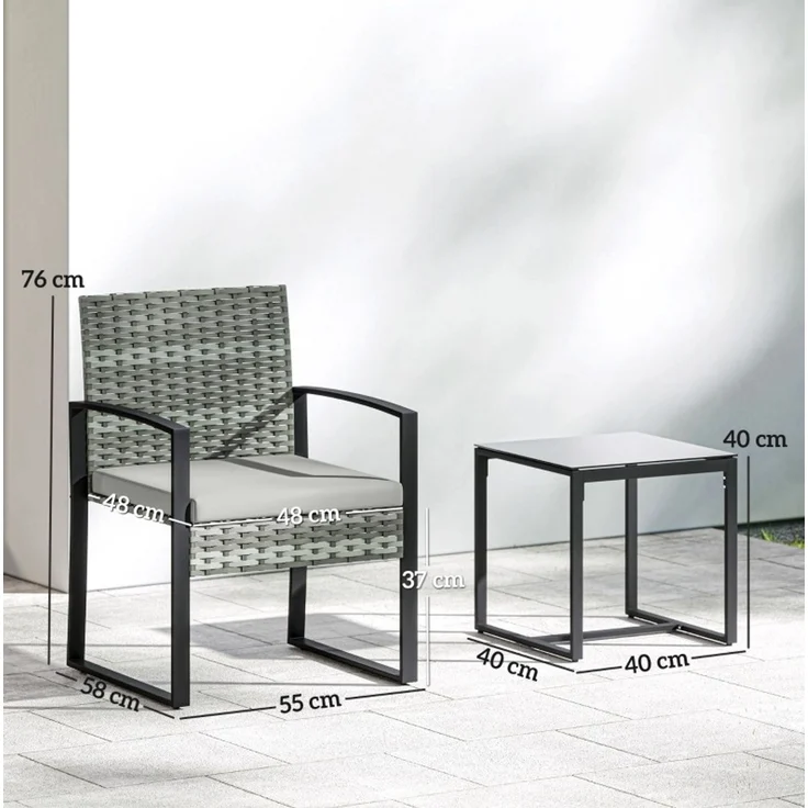 Gartenmöbel-Set 3-teilig mit Kunststoff-Rattan, Glastisch, 55x58x76 cm, Hellgrau – Bild 2