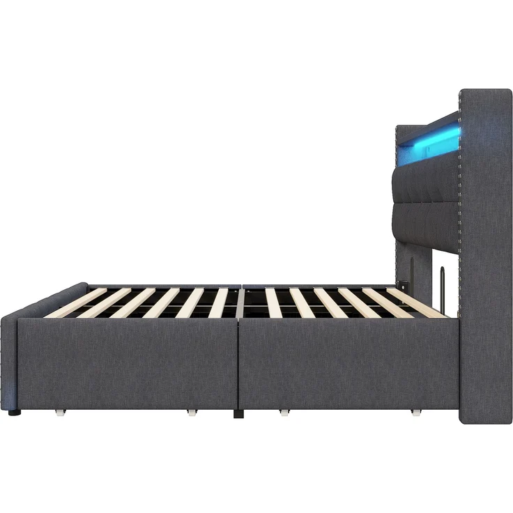 Polsterbett 140x200 mit LED-Beleuchtung, USB-Anschluss & Stauraum, graues Leinenbett mit Schublade,inklusive Taschenfederkern – Bild 10