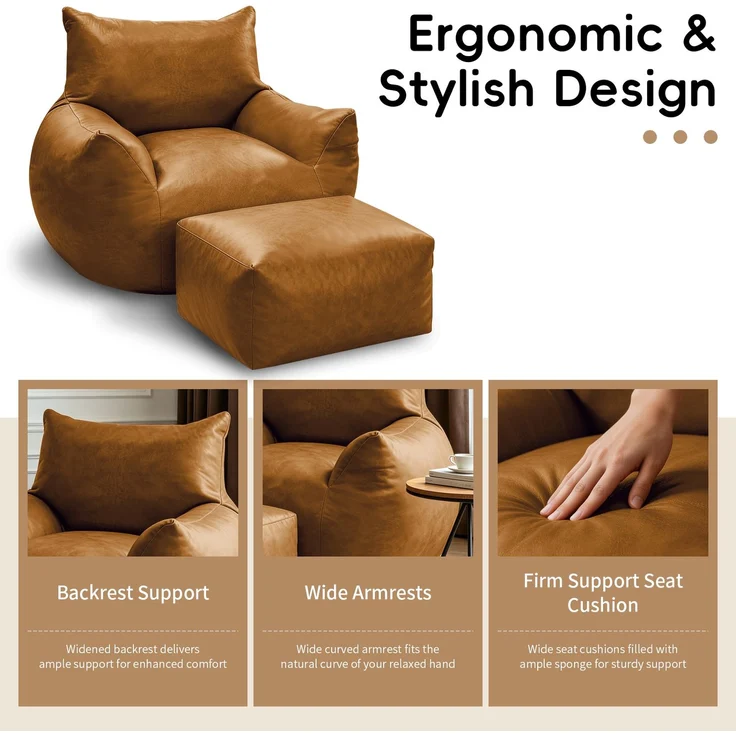 Sitzsack mit Hocker – Großes Sitzsacksofa für Erwachsene, Jugendliche und Kinder, geeignet für Wohnzimmer, Schlafzimmer und Studentenwohnheim, aus technischem Kunstleder, braun, 103 x 90 x 70 cm, von YOUDENOVA – Bild 4