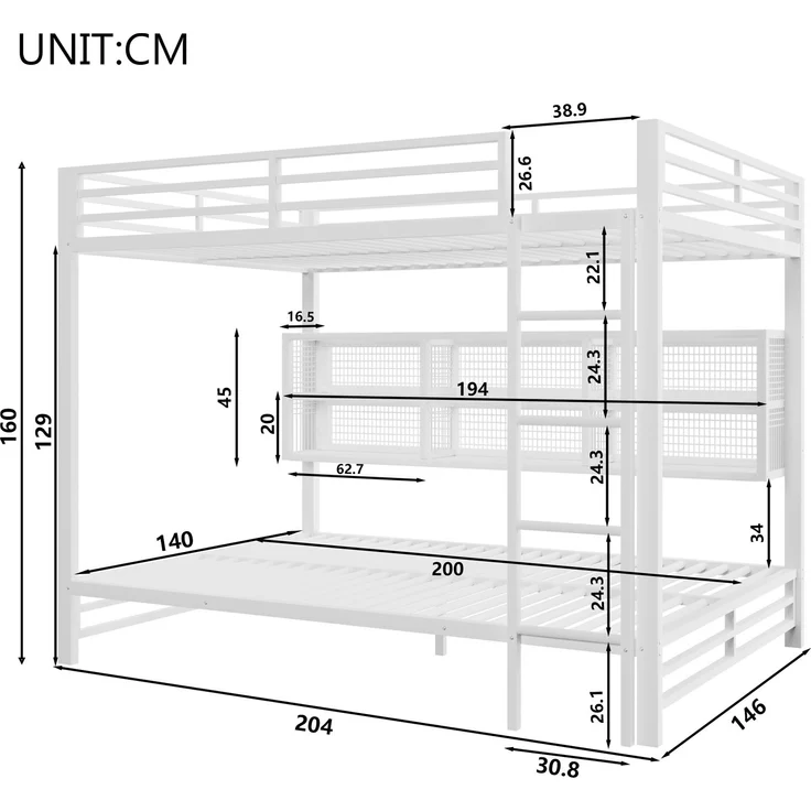 EINHOM 140 x 200 Cmetagenbett mit Stauraumschränken und LED-Licht, Doppelbett, Mit stabiler Leiter, Metall, mit Absturzsicherung, Weiß, Geeignet für Erwachsene und Jugendliche (Ohne Matratze) – Bild 2